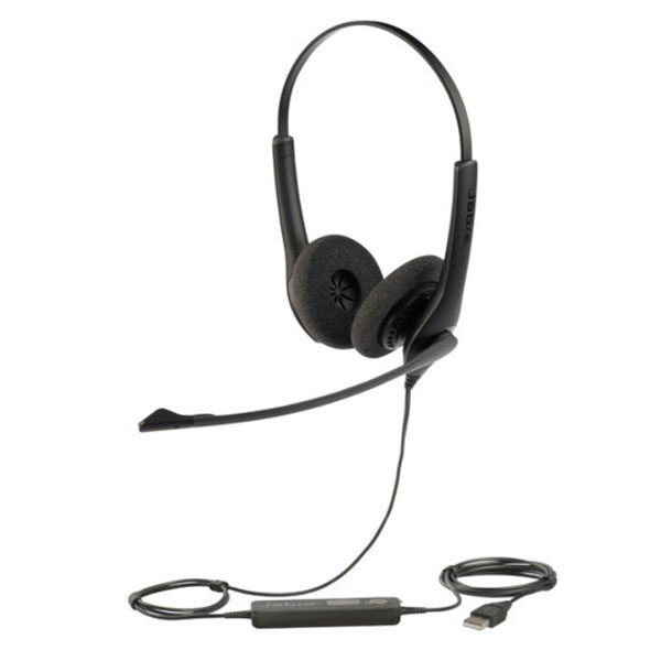 Hình ảnh tai nghe Jabra Biz 1100 USB Duo, thiết kế chụp tai kép với kết nối USB và micro chống ồn.